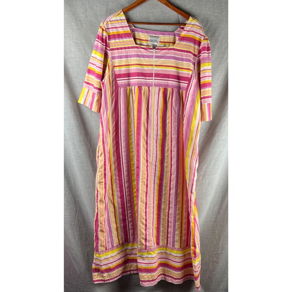 Cozee Corner Muumuu Women's Plus Size 2X Pink Stripe Zip Cotton Blend Patio Gown